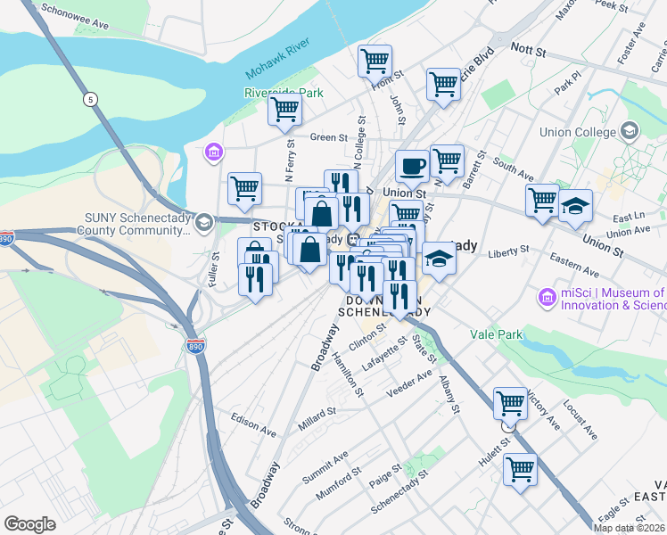 map of restaurants, bars, coffee shops, grocery stores, and more near 192 Erie Boulevard in Schenectady