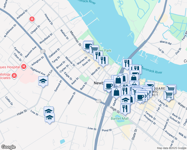 map of restaurants, bars, coffee shops, grocery stores, and more near 4 Congress Street in Newburyport