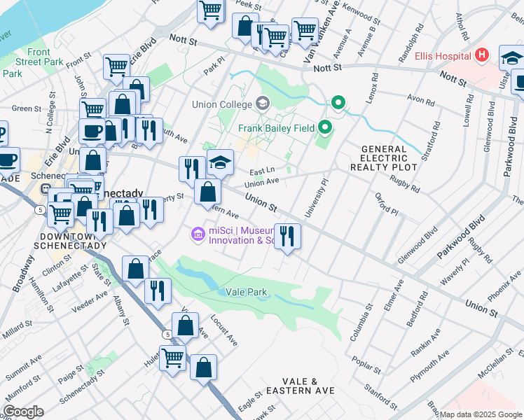map of restaurants, bars, coffee shops, grocery stores, and more near 844 Union Street in Schenectady