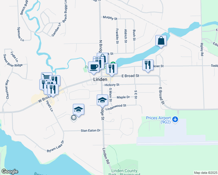map of restaurants, bars, coffee shops, grocery stores, and more near 203 South Main Street in Linden