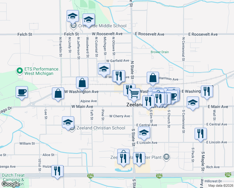 map of restaurants, bars, coffee shops, grocery stores, and more near 29 West Main Avenue in Zeeland