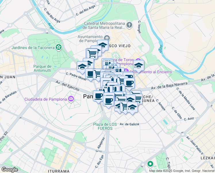 map of restaurants, bars, coffee shops, grocery stores, and more near 3 Calle García Ximénez in Pamplona