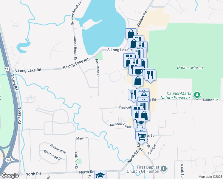 map of restaurants, bars, coffee shops, grocery stores, and more near 200 Trealout Drive in Fenton