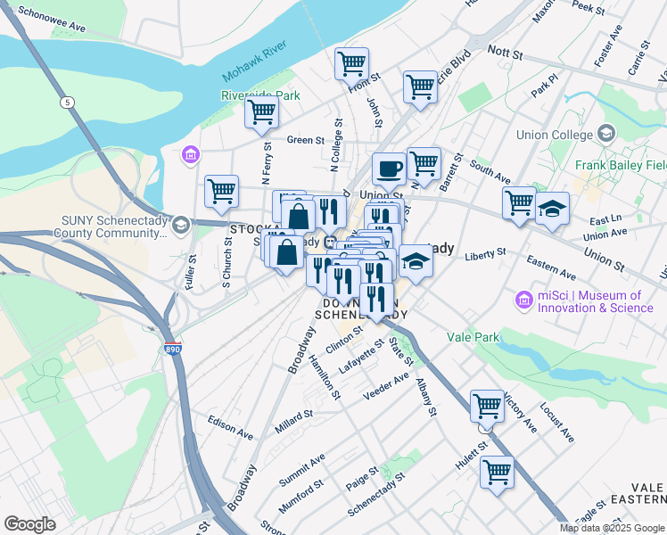 map of restaurants, bars, coffee shops, grocery stores, and more near 400 State Street in Schenectady