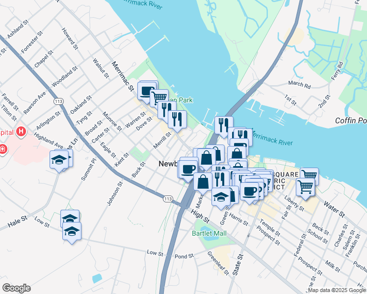 map of restaurants, bars, coffee shops, grocery stores, and more near 149 Merrimac Street in Newburyport
