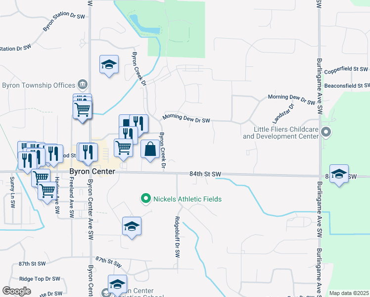 map of restaurants, bars, coffee shops, grocery stores, and more near 2115 84th Street Southwest in Byron Center