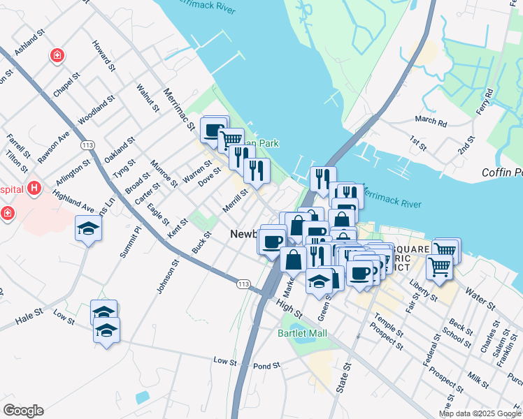map of restaurants, bars, coffee shops, grocery stores, and more near in Newburyport