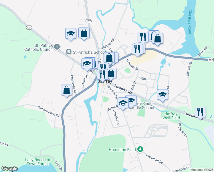 map of restaurants, bars, coffee shops, grocery stores, and more near 9 Blake Street in Jaffrey