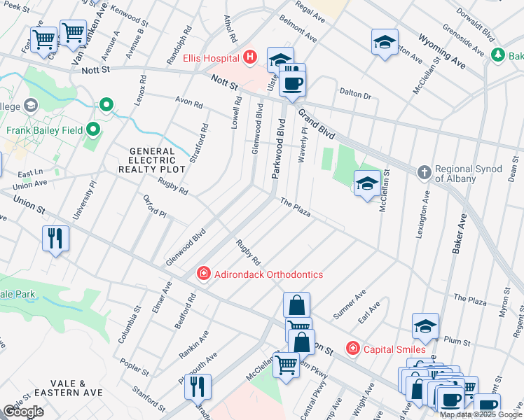 map of restaurants, bars, coffee shops, grocery stores, and more near 1142 Parkwood Boulevard in Schenectady