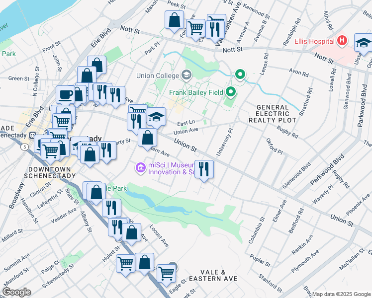 map of restaurants, bars, coffee shops, grocery stores, and more near 844 Union Street in Schenectady