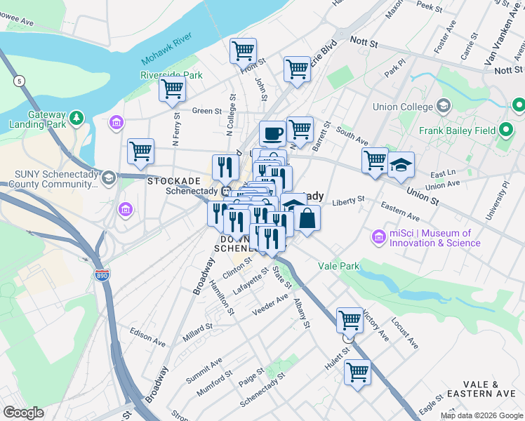 map of restaurants, bars, coffee shops, grocery stores, and more near 433 State Street in Schenectady