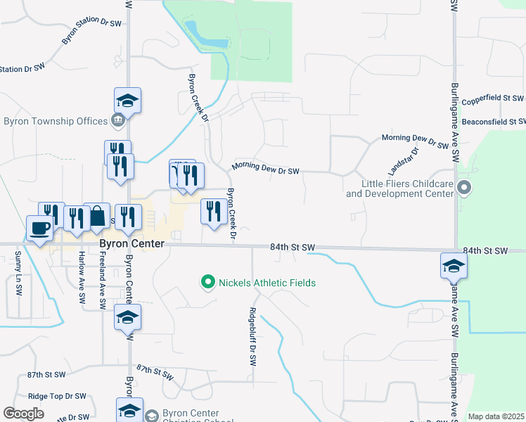 map of restaurants, bars, coffee shops, grocery stores, and more near 2115 84th Street Southwest in Byron Center