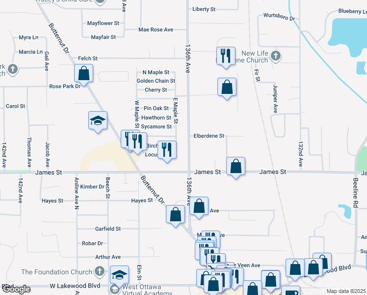 map of restaurants, bars, coffee shops, grocery stores, and more near 500 136th Avenue in Holland
