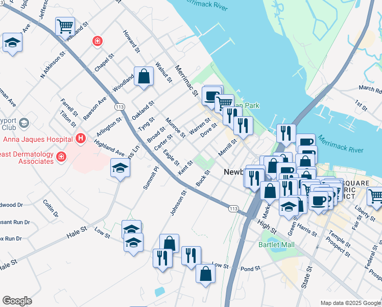 map of restaurants, bars, coffee shops, grocery stores, and more near 48 Kent Street in Newburyport