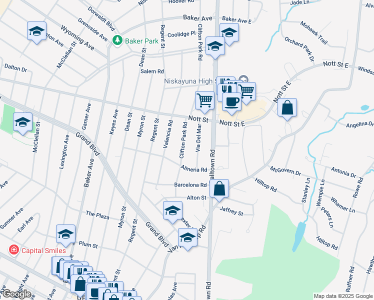 map of restaurants, bars, coffee shops, grocery stores, and more near 1453 Via Del Mar in Schenectady County