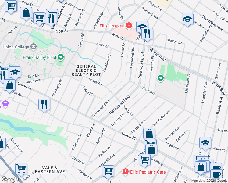 map of restaurants, bars, coffee shops, grocery stores, and more near 1168 Lowell Road in Schenectady