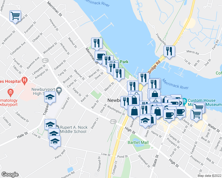 map of restaurants, bars, coffee shops, grocery stores, and more near 18 Elm Street in Newburyport