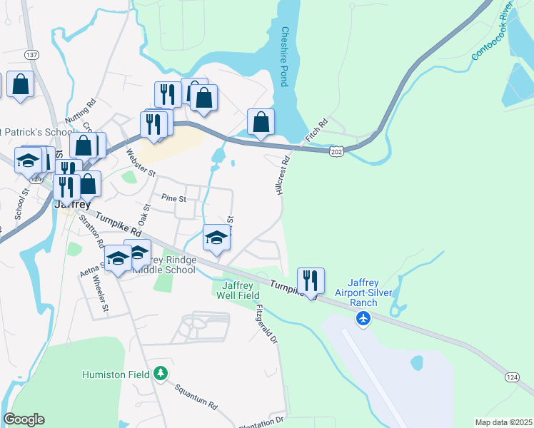 map of restaurants, bars, coffee shops, grocery stores, and more near 61 Hillcrest Road in Jaffrey
