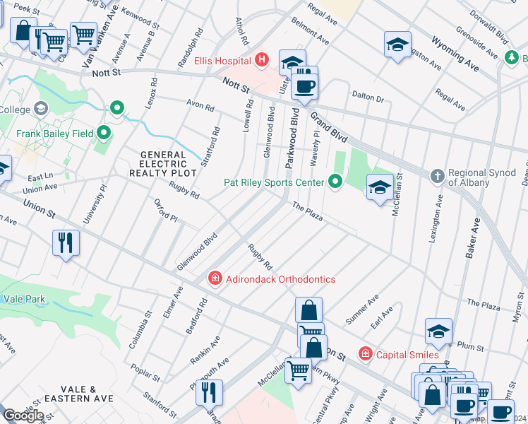 map of restaurants, bars, coffee shops, grocery stores, and more near 1188 Glenwood Boulevard in Schenectady