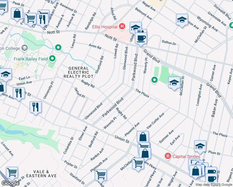map of restaurants, bars, coffee shops, grocery stores, and more near 1161 Glenwood Boulevard in Schenectady