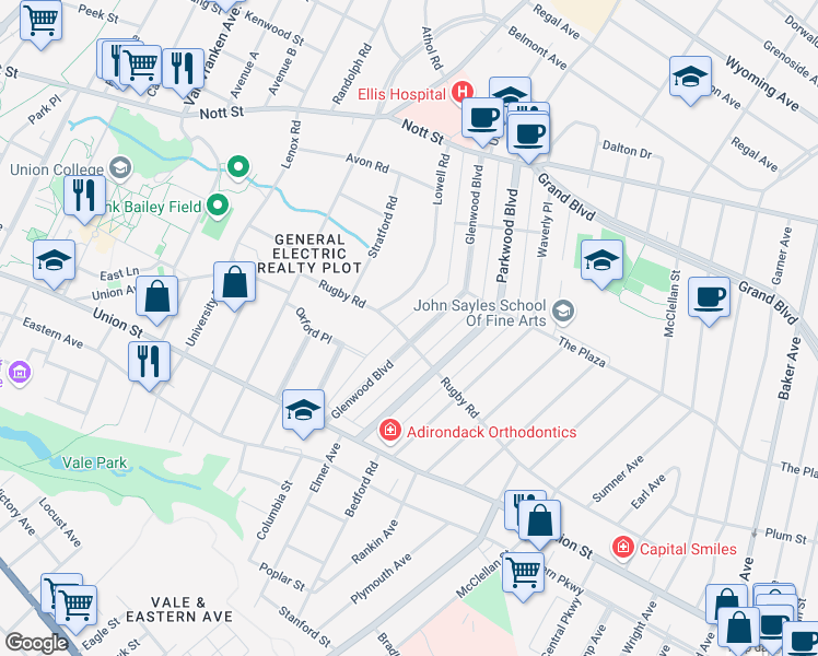 map of restaurants, bars, coffee shops, grocery stores, and more near 1168 Lowell Road in Schenectady