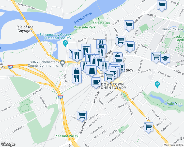 map of restaurants, bars, coffee shops, grocery stores, and more near 216 State Street in Schenectady