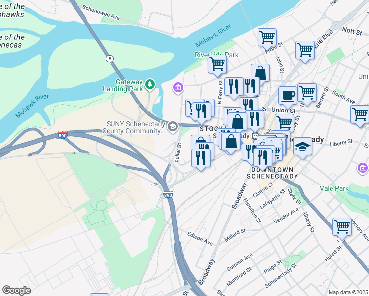 map of restaurants, bars, coffee shops, grocery stores, and more near 108 Railroad Street in Schenectady
