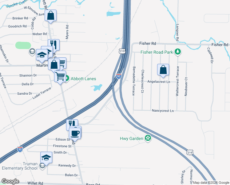 map of restaurants, bars, coffee shops, grocery stores, and more near New York State Thruway in West Seneca