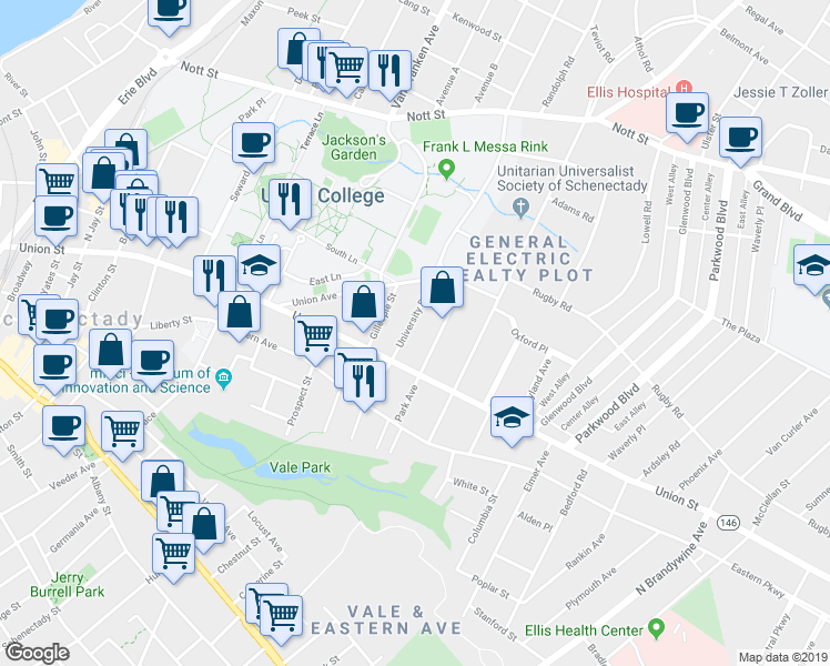 map of restaurants, bars, coffee shops, grocery stores, and more near 1036 University Place in Schenectady