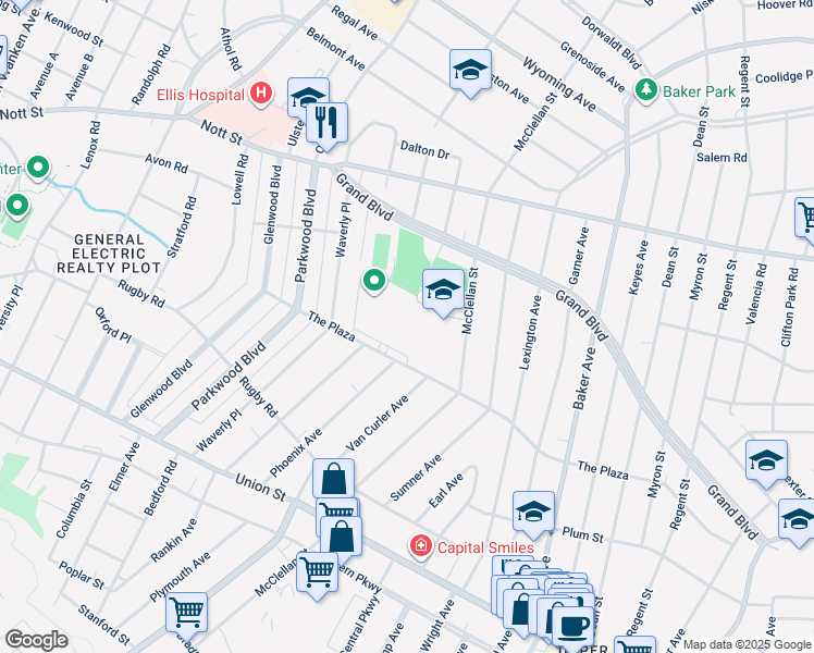 map of restaurants, bars, coffee shops, grocery stores, and more near 1445 The Plaza in Schenectady