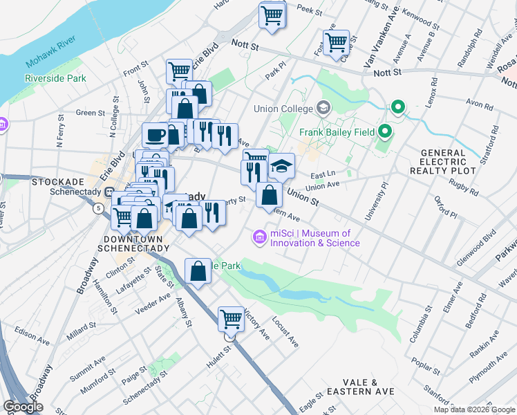 map of restaurants, bars, coffee shops, grocery stores, and more near 101 Nott Terrace in Schenectady