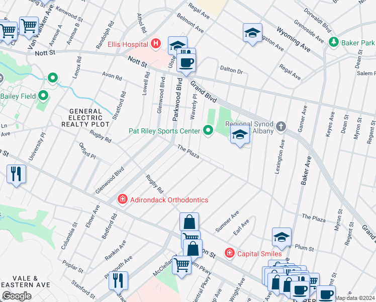 map of restaurants, bars, coffee shops, grocery stores, and more near 1201 Waverly Place in Schenectady