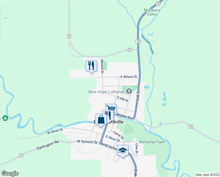map of restaurants, bars, coffee shops, grocery stores, and more near 111 West Baker Street in Blanchardville