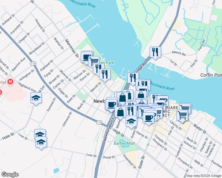 map of restaurants, bars, coffee shops, grocery stores, and more near in Newburyport