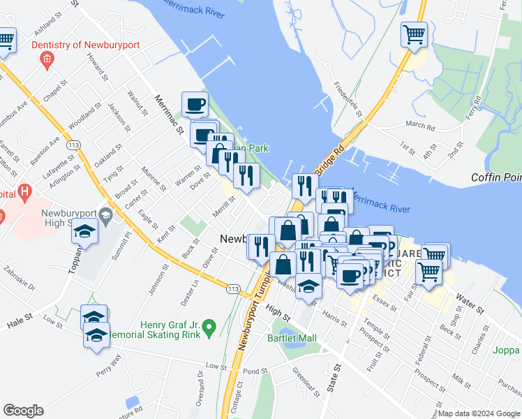 map of restaurants, bars, coffee shops, grocery stores, and more near in Newburyport