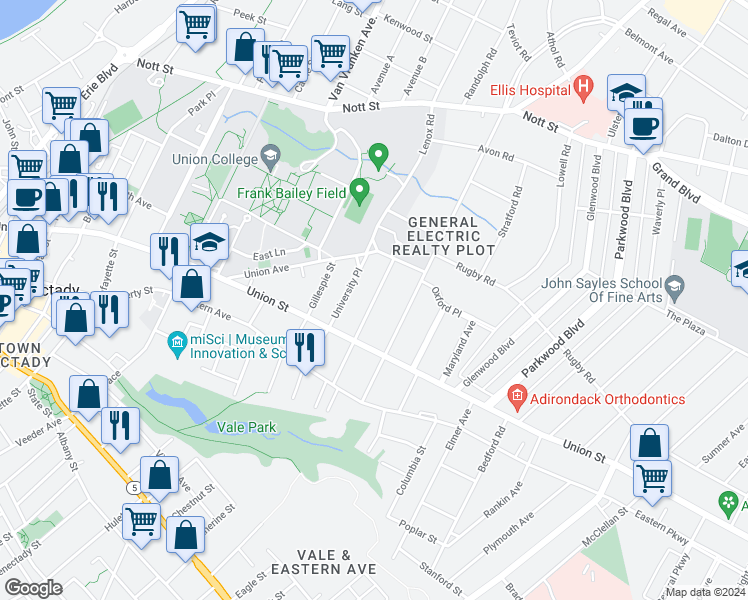 map of restaurants, bars, coffee shops, grocery stores, and more near 1076 Park Avenue in Schenectady