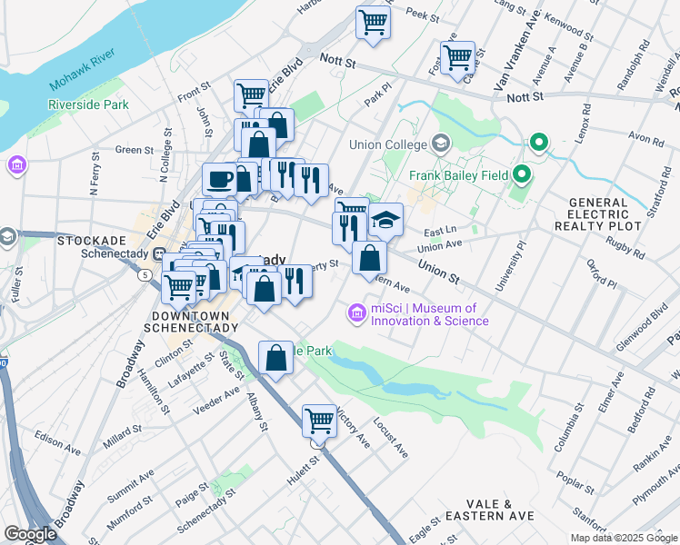 map of restaurants, bars, coffee shops, grocery stores, and more near 60 Nott Terrace in Schenectady