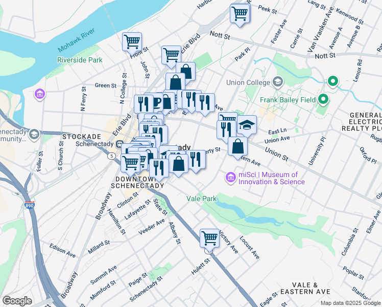 map of restaurants, bars, coffee shops, grocery stores, and more near 100 Lafayette Street in Schenectady