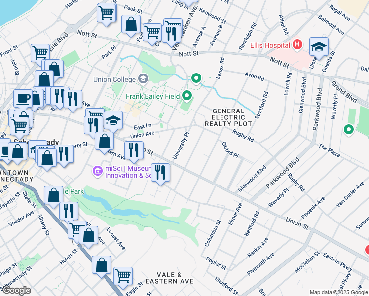 map of restaurants, bars, coffee shops, grocery stores, and more near 1061 University Place in Schenectady