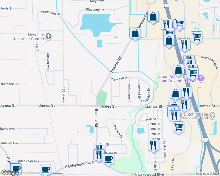 map of restaurants, bars, coffee shops, grocery stores, and more near 2514 Beeline Road in Holland