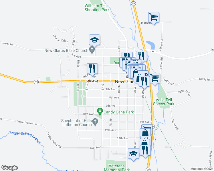 map of restaurants, bars, coffee shops, grocery stores, and more near 418 6th Avenue in New Glarus