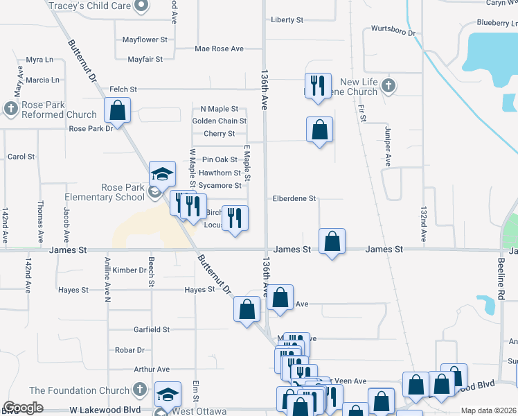 map of restaurants, bars, coffee shops, grocery stores, and more near 552 136th Avenue in Holland