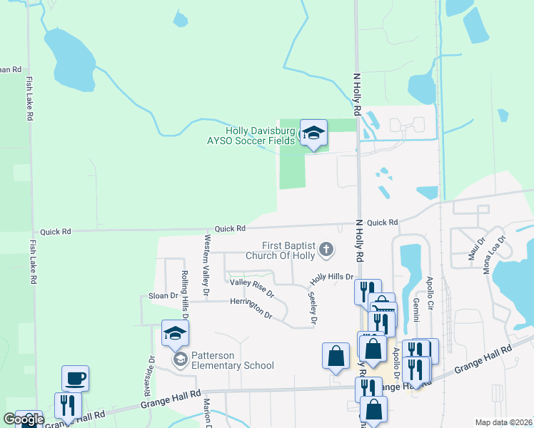 map of restaurants, bars, coffee shops, grocery stores, and more near 3385 Quick Road in Holly