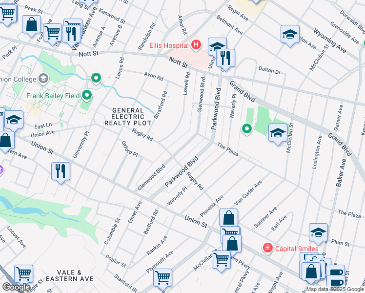 map of restaurants, bars, coffee shops, grocery stores, and more near 1161 Glenwood Boulevard in Schenectady