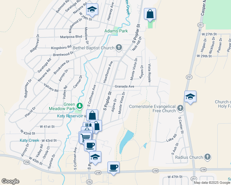 map of restaurants, bars, coffee shops, grocery stores, and more near 1213 Granada Avenue in Casper