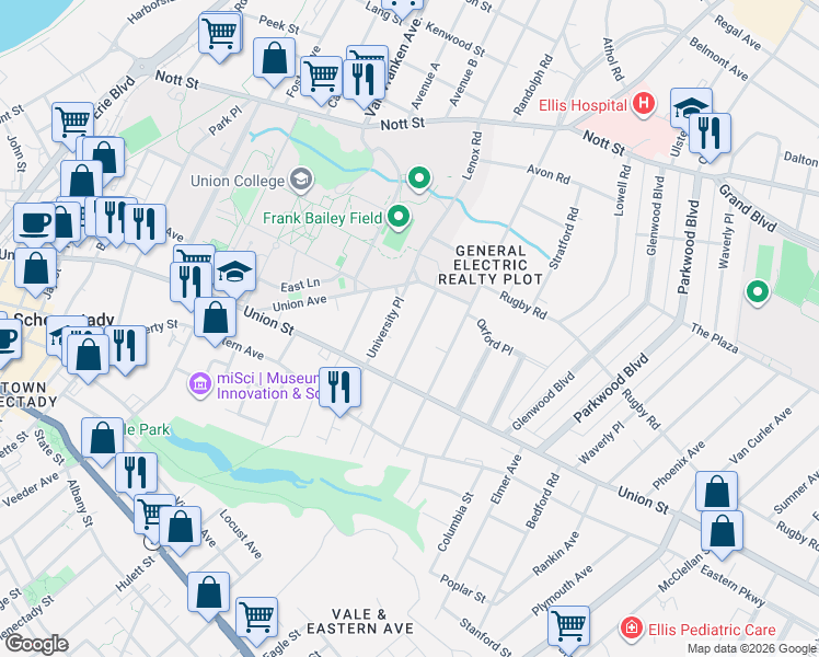 map of restaurants, bars, coffee shops, grocery stores, and more near 1076 Park Avenue in Schenectady