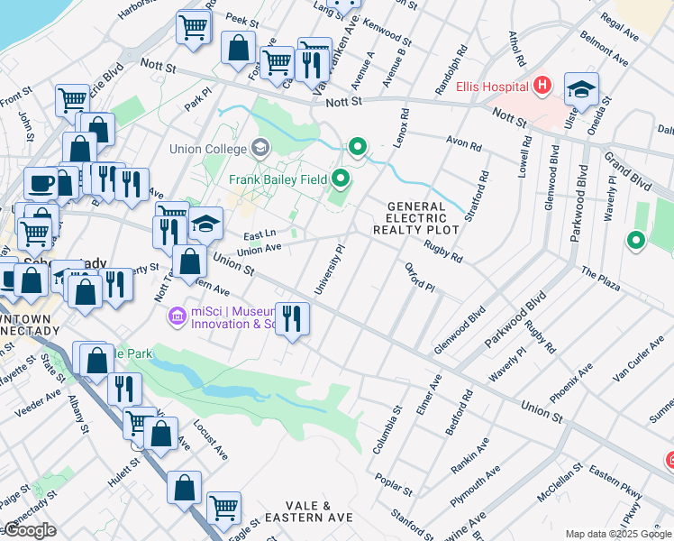 map of restaurants, bars, coffee shops, grocery stores, and more near 1061 University Place in Schenectady