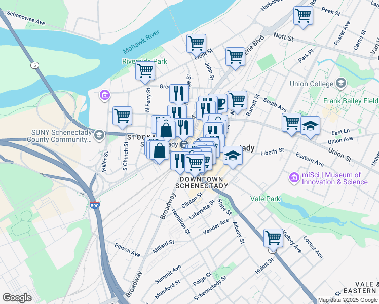 map of restaurants, bars, coffee shops, grocery stores, and more near 332 Erie Boulevard in Schenectady
