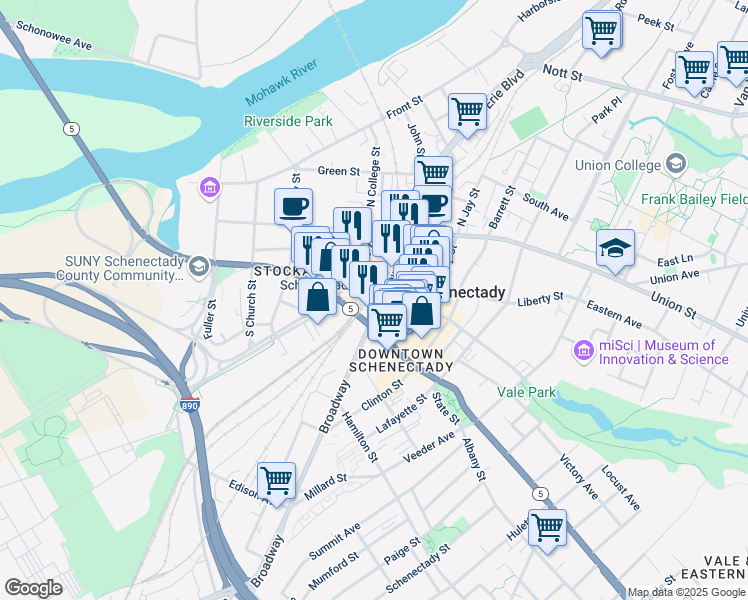 map of restaurants, bars, coffee shops, grocery stores, and more near 332 Erie Boulevard in Schenectady