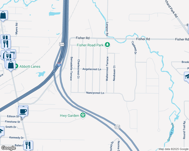 map of restaurants, bars, coffee shops, grocery stores, and more near 109 Angelacrest Lane in Buffalo